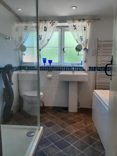 a bathroom with a sink and a toilet and a window at Stable Lodge B&B in Petham