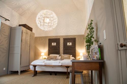 a bedroom with a bed and a chandelier at Il Etait Une Fois Chez Moi La Chambre Augustin in Le Loroux-Bottereau