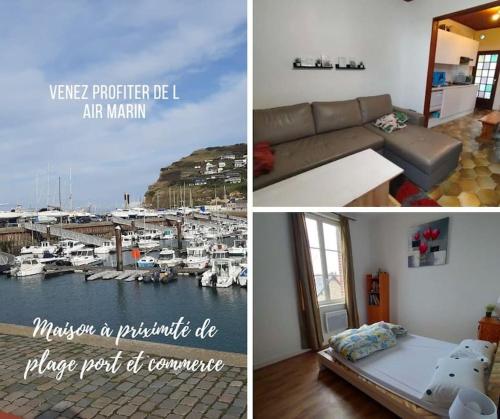 un collage de fotografías de una sala de estar y un puerto deportivo en Maison de pêcheur proche du port,plage et commerces chez SAJA, en Fécamp