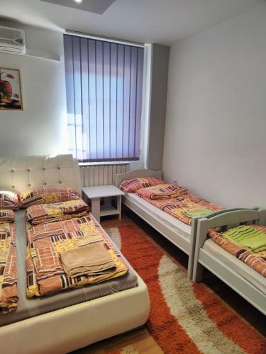 a bedroom with two beds and a window at Apartman Aleksandar, BN centar in Bijeljina