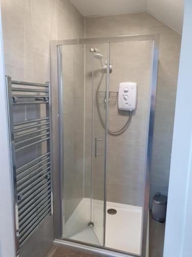 y baño con ducha y puerta de cristal. en Adams Lodge, en Wexford