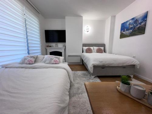 een slaapkamer met 2 bedden en een open haard bij Grey Igloo Apartment in Bjelašnica