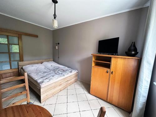 a bedroom with a bed and a tv on a wooden cabinet at Apartament Jurata in Jurata