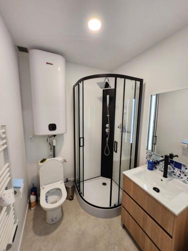 La salle de bains est pourvue d'une douche, de toilettes et d'un lavabo. dans l'établissement T2 jardin Guéret, à Guéret