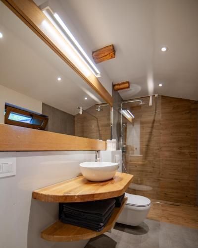 a bathroom with a sink and a toilet at La Brazi - Hot Jacuzzi River and Luxury for Families in Porumbacu de Sus
