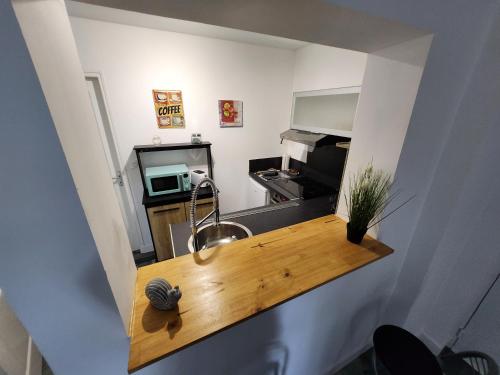 eine Küche mit einer Spüle und einer Arbeitsplatte in der Unterkunft T2 jardin Guéret in Guéret