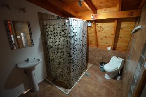 ein Badezimmer mit Dusche und Toilette in der Unterkunft Casa Marina Argentina de Aeropuerto Ezeiza chek-in 24 h 10 minutos de Aeropuerto in Monte Grande