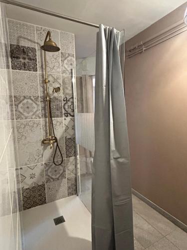 y baño con ducha y cortina de ducha. en Suite parentale 50m2 en Châtillon-Saint-Jean