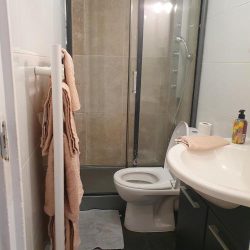 une salle de bain avec une douche, des toilettes et un lavabo dans l'établissement Hanna, à Nice