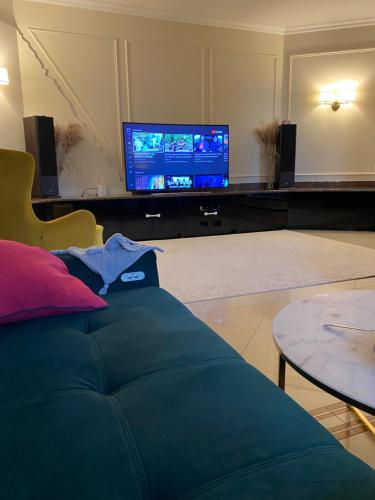 un soggiorno con divano e TV a schermo piatto di Premium Residence SPA & Garden a Glińcz