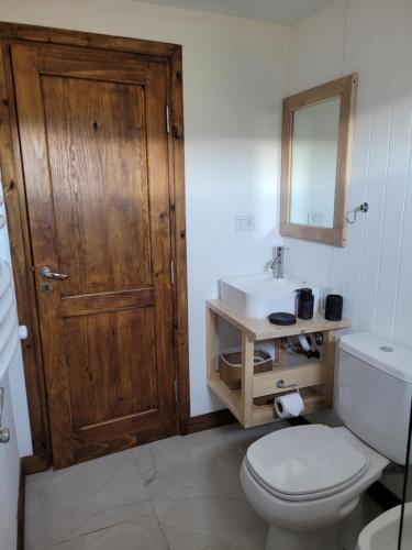a bathroom with a toilet and a sink and a wooden door at Complejo Puente viejo casa 2 in Trevelin