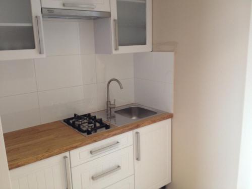 a small kitchen with a sink and a stove at Villa Karolina in Mielno