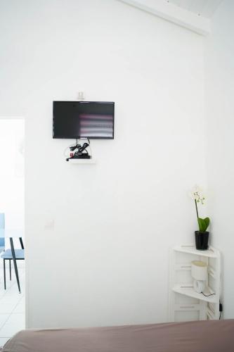 a bedroom with a tv on a white wall at Domaine de la rosa spa privatif in Les Abymes
