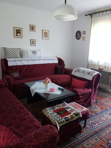 ein Wohnzimmer mit einem Sofa und einem Tisch in der Unterkunft Apartman na vikendici in Sarajevo