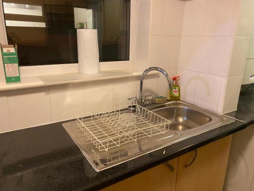 a kitchen sink with a dish drying rack in it at Denis in Lincoln