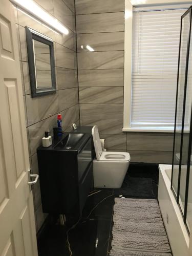 a bathroom with a toilet and a sink and a mirror at Rose Cottage in Tipton