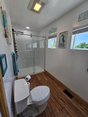 a bathroom with a toilet and a shower at Tree-Top Lake-Front Cottage in Madison