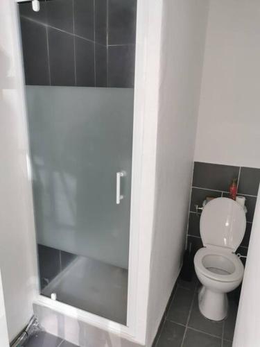 - une petite salle de bains avec toilettes dans une cabine dans l'établissement Location studio à courte durée, à Corbeil-Essonnes