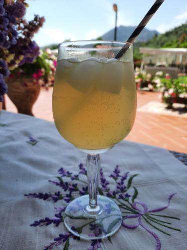 萊萬托的住宿－維尼奧拉住宿加早餐酒店，坐在桌子上的玻璃杯里喝一杯
