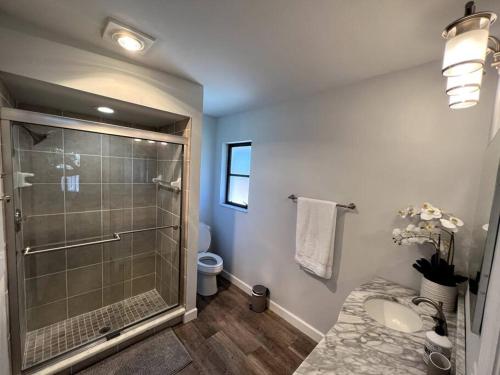 a bathroom with a shower and a sink at New! Fully Renovated 3/2 Luxury Vacation Home in Venice