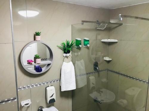 La salle de bains est pourvue d'une douche, d'un lavabo et d'un miroir. dans l'établissement Durban Harbour View Apartment, à Durban