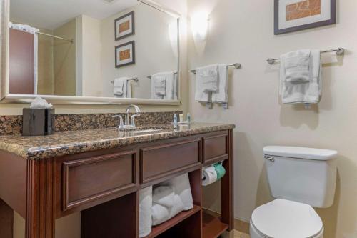 a bathroom with a sink and a toilet and a mirror at Comfort Suites West Dallas - Cockrell Hill in Dallas