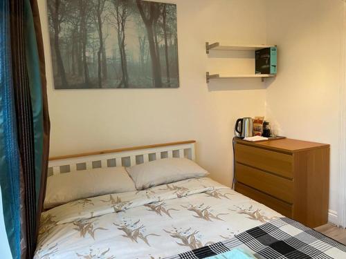 ein Schlafzimmer mit einem Bett und einer Holzkommode in der Unterkunft Double bedroom with bathroom en suite and a large balcony for short or long let in London Canary Wharf E14 in London