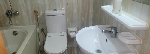 uma casa de banho com um WC branco e um lavatório. em PRIVATE ROOM IN AL QUSAIS 1 em Dubai