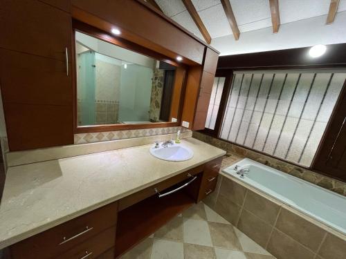ein Badezimmer mit einem Waschbecken, einem Spiegel und einer Badewanne in der Unterkunft Cómoda Habitación Privada - Ciudad Jardín in Cali