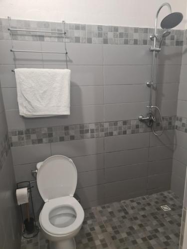 a bathroom with a white toilet and a towel at Résidence DENGUELE in Saint-Laurent du Maroni