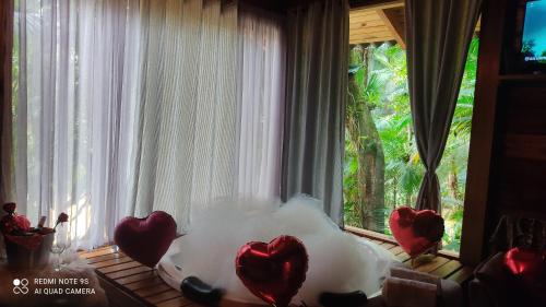 una habitación con una ventana con corazones rojos. en Vila Paraíso, en Blumenau