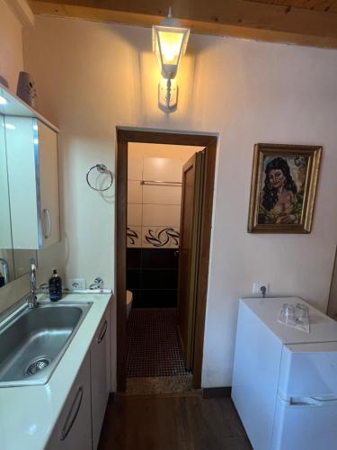 a bathroom with a sink and a door leading to a shower at Vila Pepaj Razem in Razëm
