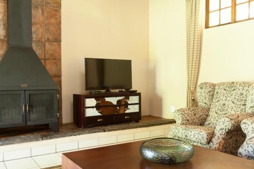 a living room with a tv and a fireplace at Whispering Waters in Fort Nottingham