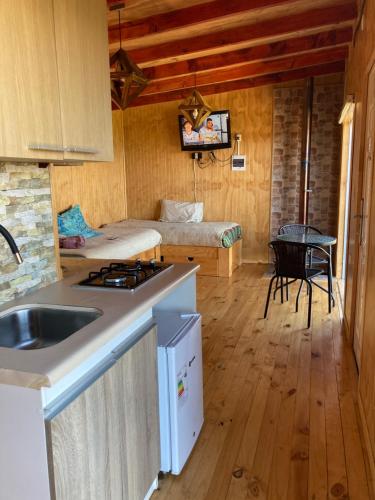 een keuken met een wastafel en een bed in een kamer bij Cabaña de campo con vista al mar in Ancud