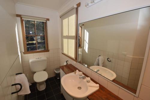 ein Badezimmer mit einem Waschbecken, einem WC und einem Spiegel in der Unterkunft Hi Plains Garadyigan Chalet in Thredbo
