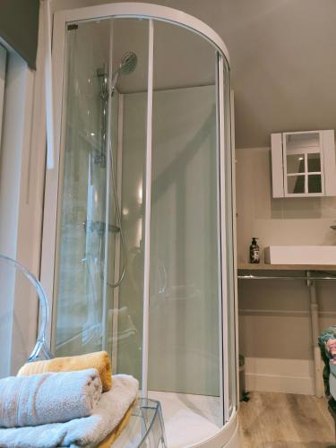 une douche avec une cabine en verre dans une salle de bain dans l'établissement La petite maison, à Dinan