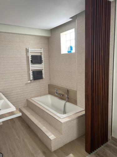 La salle de bains est pourvue d'une baignoire et d'une fenêtre. dans l'établissement Exzellent ApartAthens 120qm, near Metro M2, à Athènes