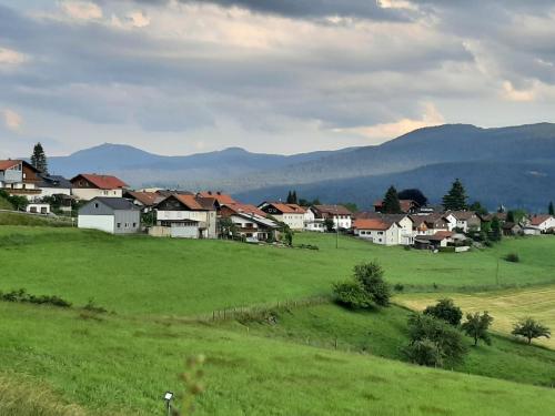 a village in a green field with houses and mountains at Ferienhaus Bergesblick in Lam
