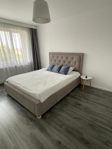1 dormitorio con 1 cama grande y 1 mesa en Apartament Anca en Sînmartin
