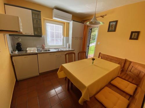 een keuken met een tafel, een wastafel en een tafel bij Apartma Iskra in Podčetrtek