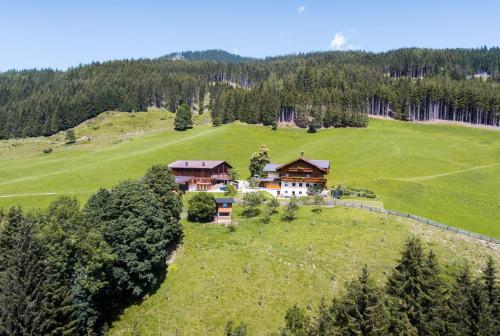 an aerial view of a house on a green field at Mönchsberghof in Kleinarl