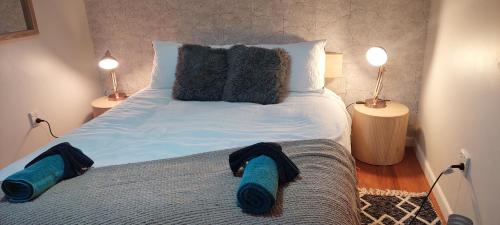 een slaapkamer met een groot bed met twee lampen bij Morning Bloom Cottage Bed and Breakfast in Nelson