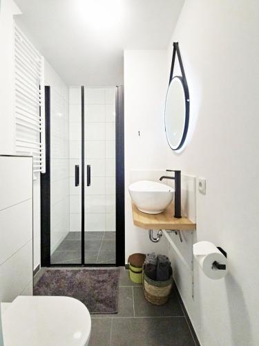 a bathroom with a sink and a shower with a mirror at Gästehaus Bigge Elements in Olpe