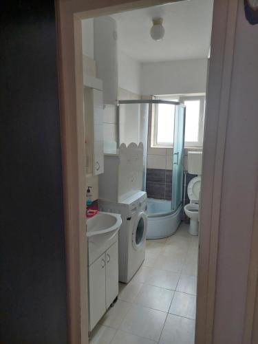 a bathroom with a sink and a washing machine at Apartman Uki in Vranje