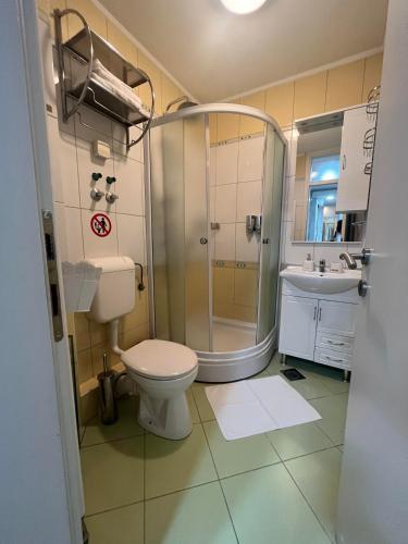un bagno con doccia, WC e lavandino di SASE Apartment a Sarajevo