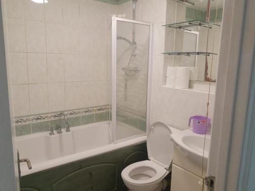 a bathroom with a toilet and a shower and a sink at Rahal Concord in London