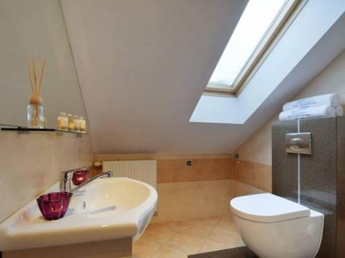 a bathroom with a toilet and a sink and a skylight at Apartament Pod Giewontem in Zakopane