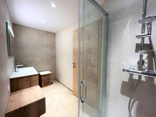 een badkamer met een glazen douche en een wastafel bij Casa di Bà - villa 2 chambres avec piscine à 10 minutes des plages in Afa