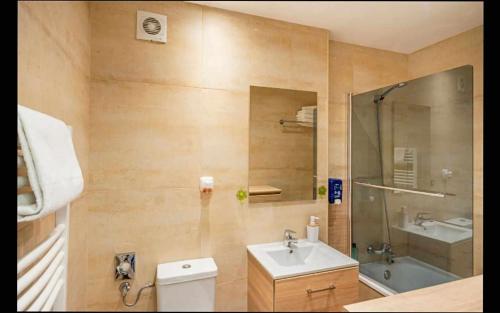 W łazience znajduje się umywalka, prysznic i toaleta. w obiekcie Terraza espectacular sol y vistas w mieście Pas de la Casa