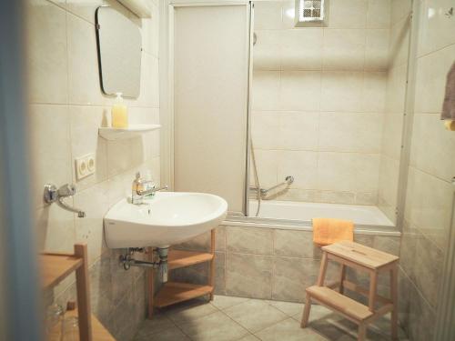 塔姆斯韋格的住宿－Gasthof zum Gellnwirt，浴室配有水槽、淋浴和浴缸。